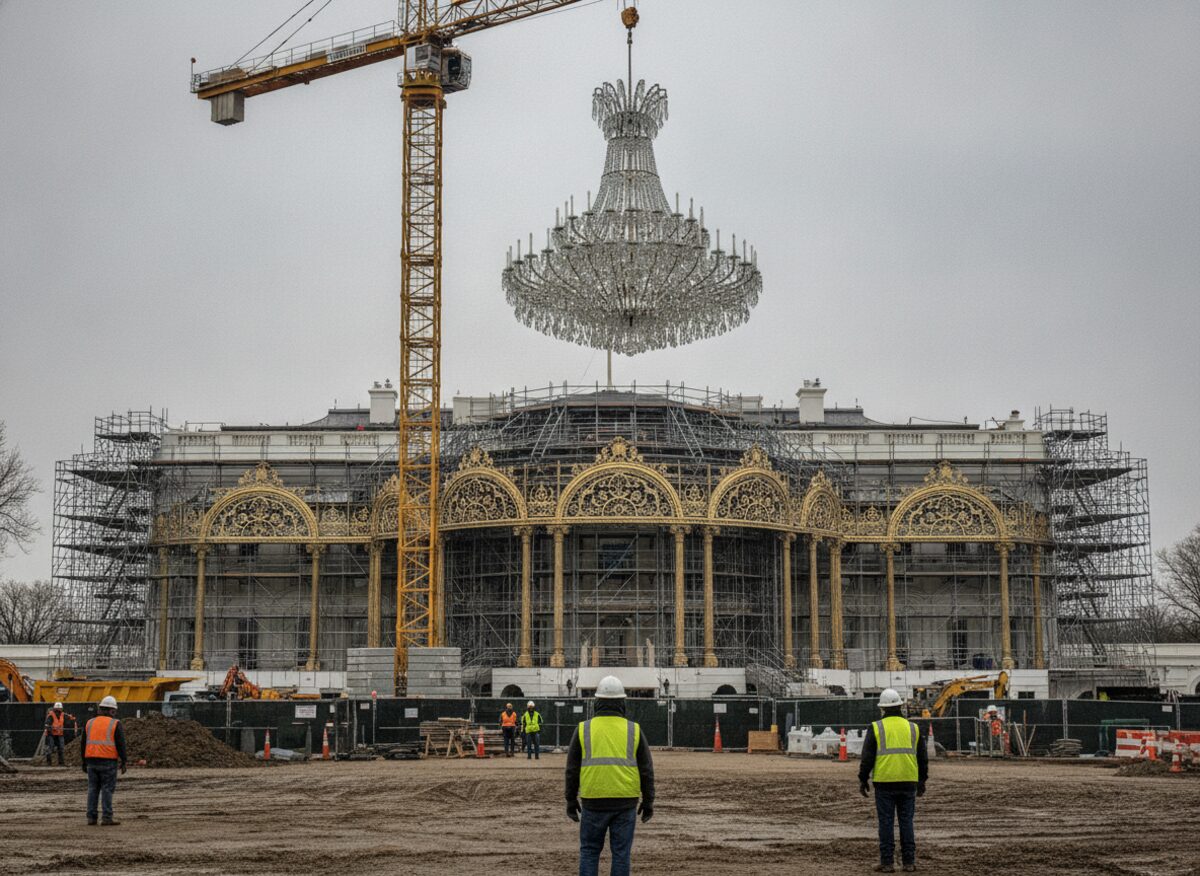 Press photo: a construction crane lowers an enormous crystal chandelier over the scaffolded shell of a gilded White House ballroom addition as workers look on