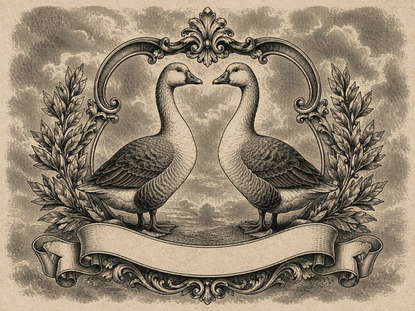 Engraved crest: two mirrored geese facing each other within a Victorian laurel frame above a blank ribbon banner