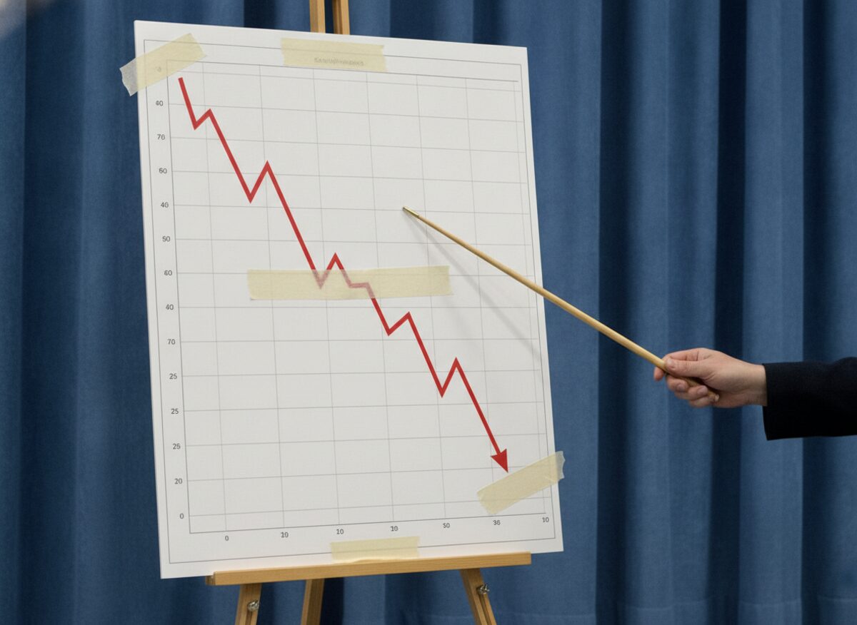 Press photo: a briefing-room easel holds an economic chart with a plunging red line patched with strips of tape as a hand with a pointer gestures at it