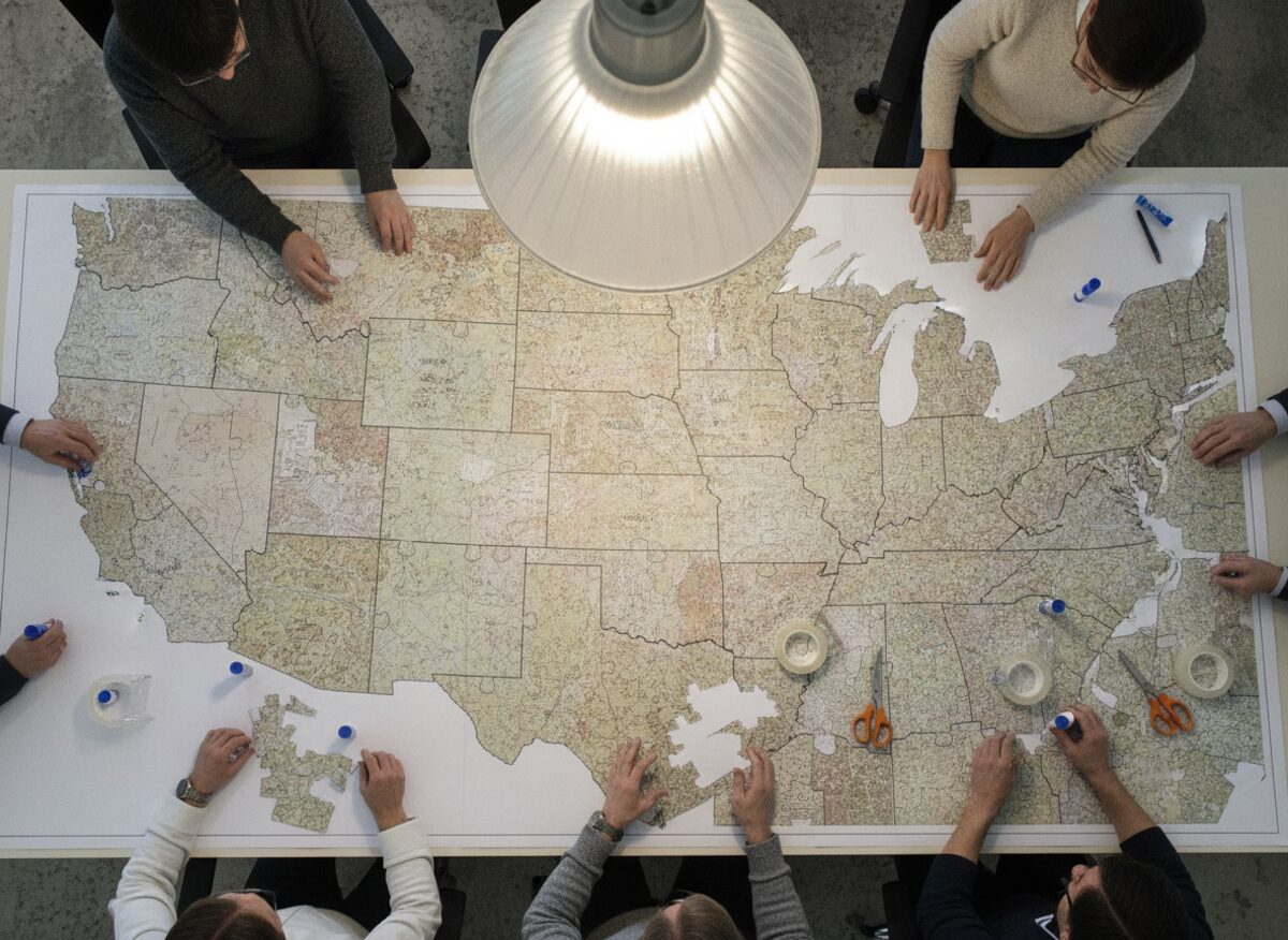 Press photo: overhead view of hands rearranging a United States map cut into snaking jigsaw district pieces with scissors and tape on a conference table