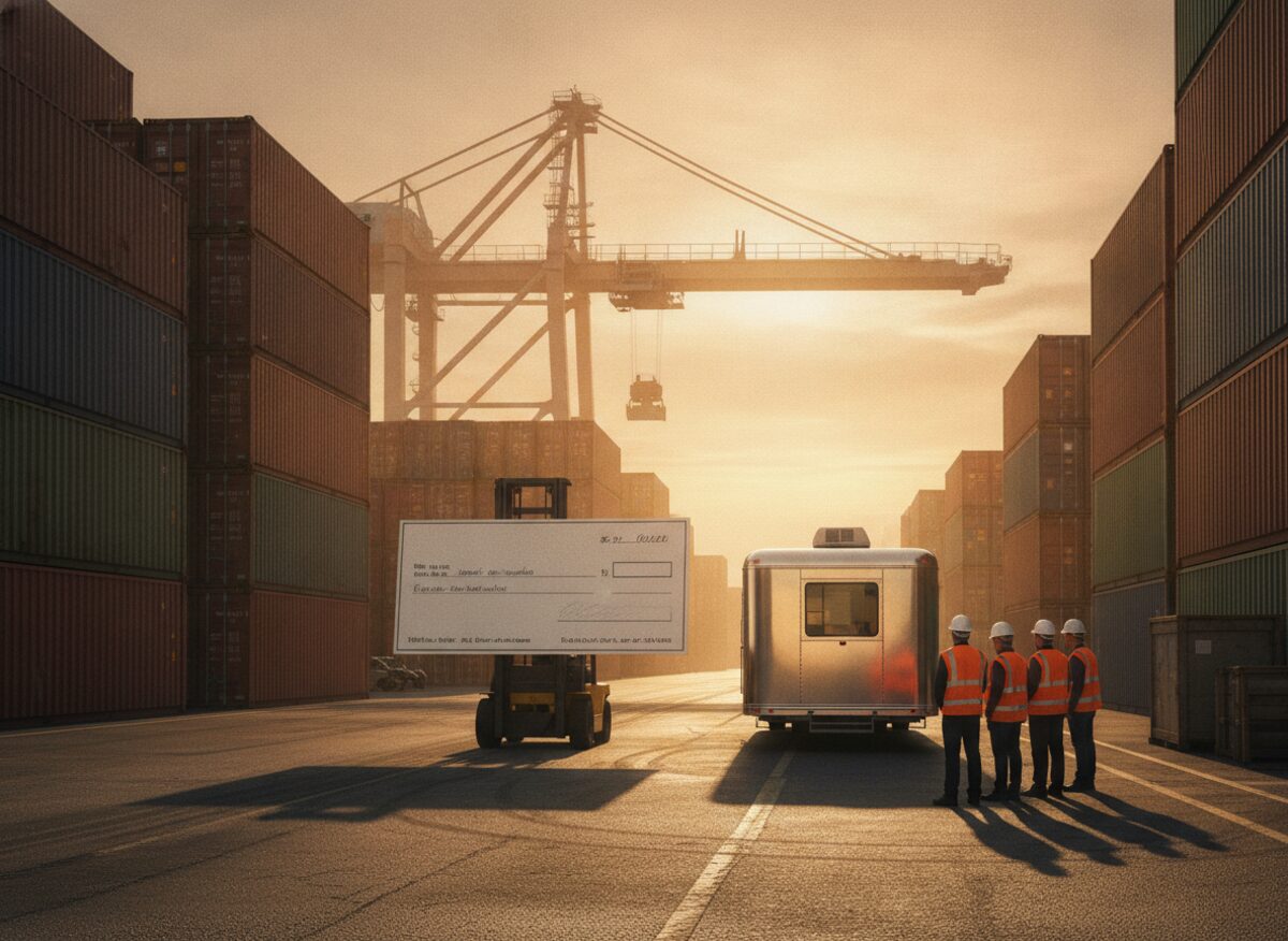 Press photo: a forklift carries an oversized blank novelty check across a shipping-container port toward a corporate office trailer at golden hour