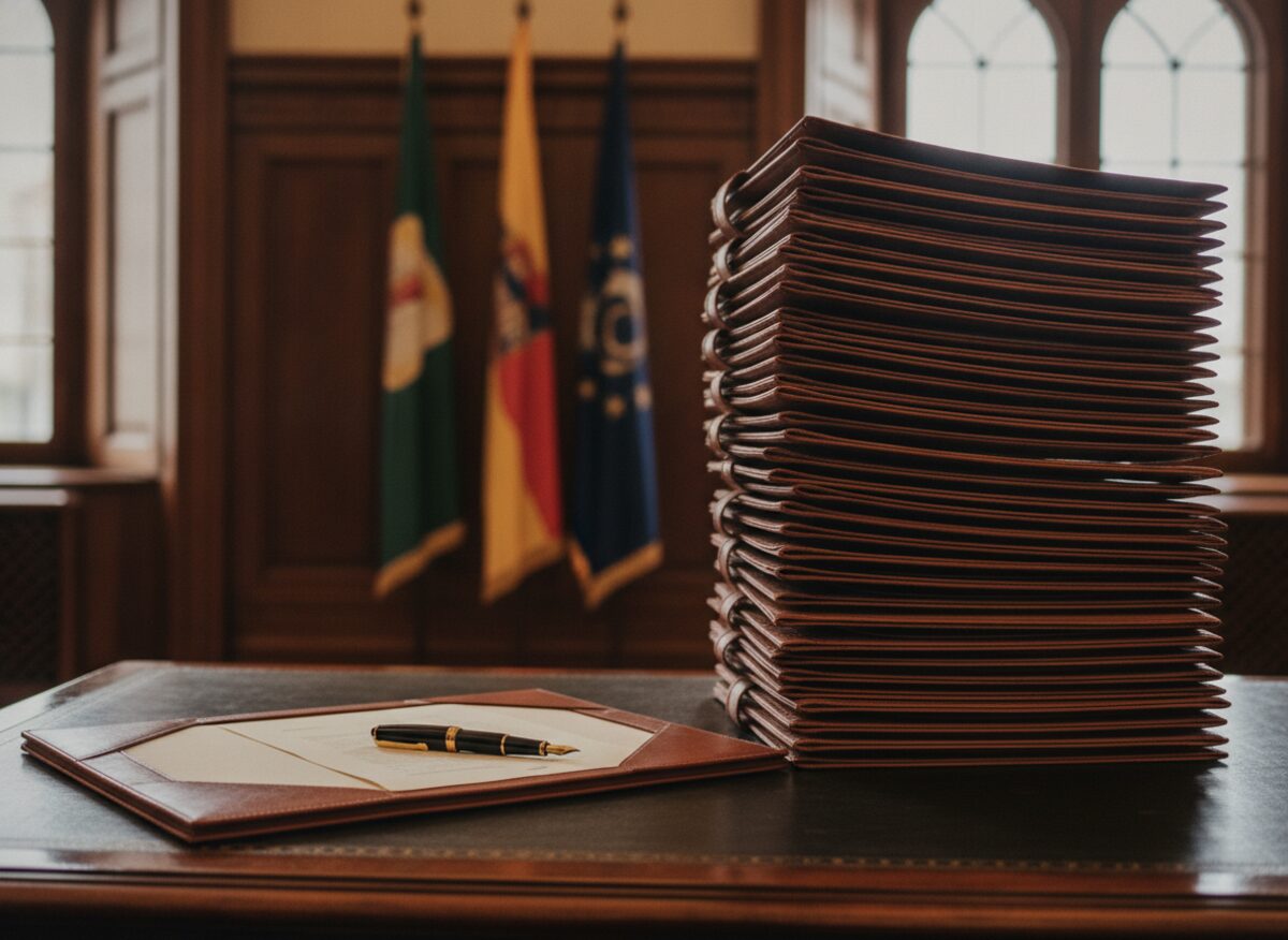 Press photo: a fountain pen on an open signing folder beside a towering stack of identical leather executive-order folders in a flag-lined office