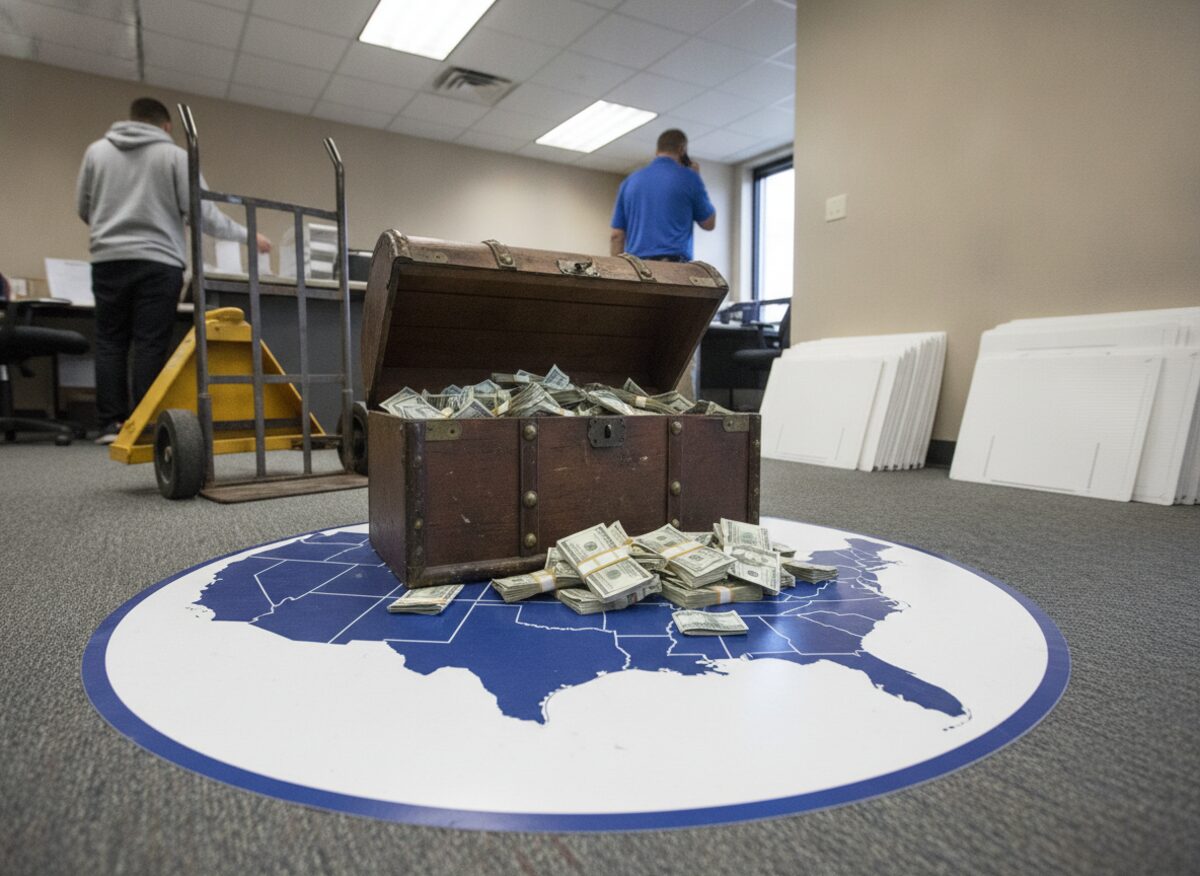 Press photo: a wooden treasure chest overflowing with banded cash sits on a floor decal map of the United States in a campaign field office